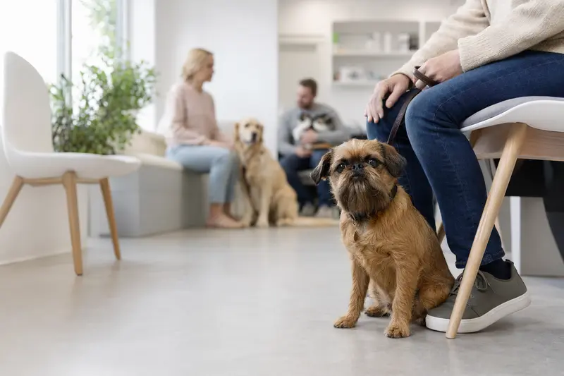 Ein Griffon Bruxellois sitzt ruhig neben seinem Besitzer im hellen Wartezimmer einer modernen Tierarztpraxis.